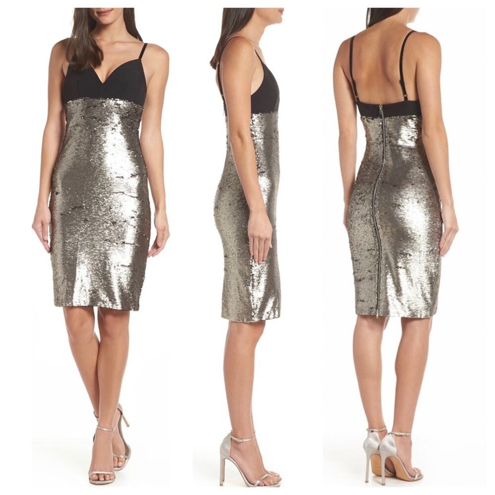 Bronx and Banco Silverfox Sequin Midi Dress in Black/ Silver Pewter, Size 6